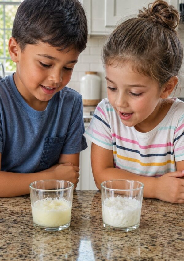Two children, a boy and a girl, look excitedly at two glasses on a kitchen counter, each containing different amounts of a white, frothy liquid. They are smiling and appear to be comparing the drinks.