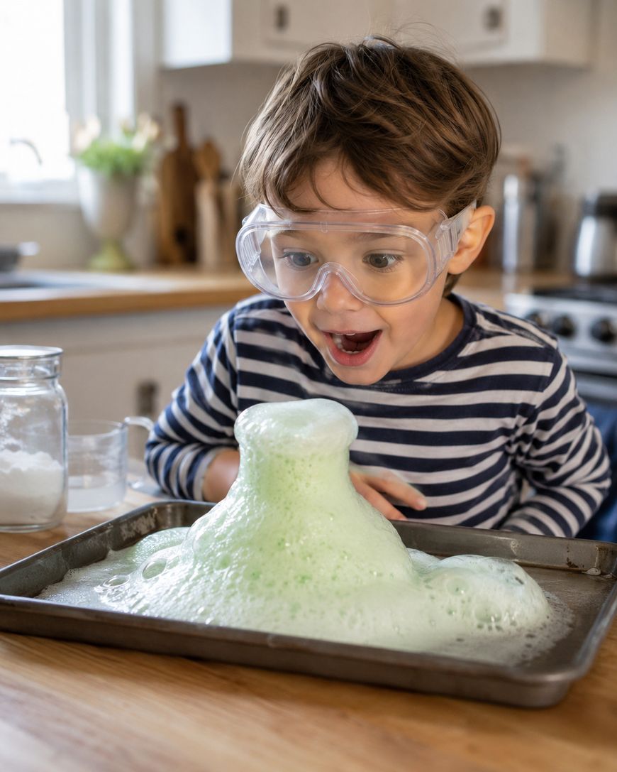 A young child wearing safety goggles excitedly watches a bubbly green homemade volcano eruption on a baking tray in a kitchen.