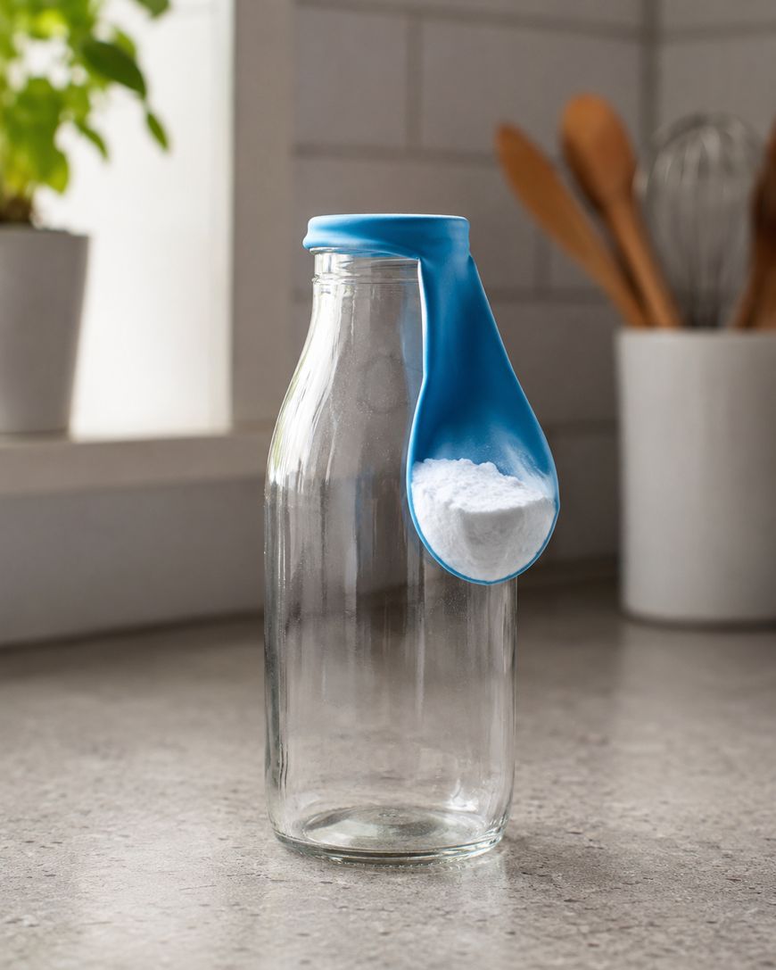 A blue balloon filled with white powder is stretched over the mouth of a clear glass bottle, sitting on a kitchen counter with utensils and a plant in the background.