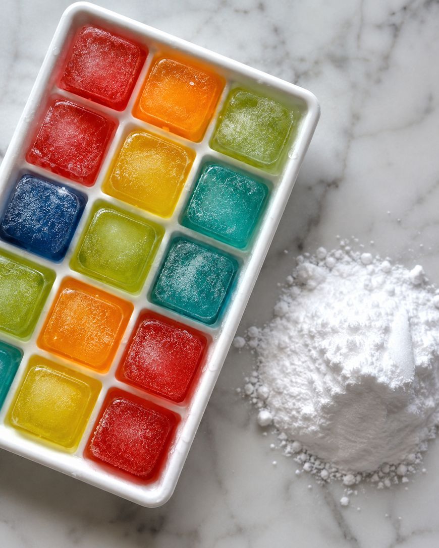 A white tray holds colorful ice cubes in red, yellow, green, blue, and orange on a marble surface. Next to the tray is a small pile of white powder, possibly baking soda.