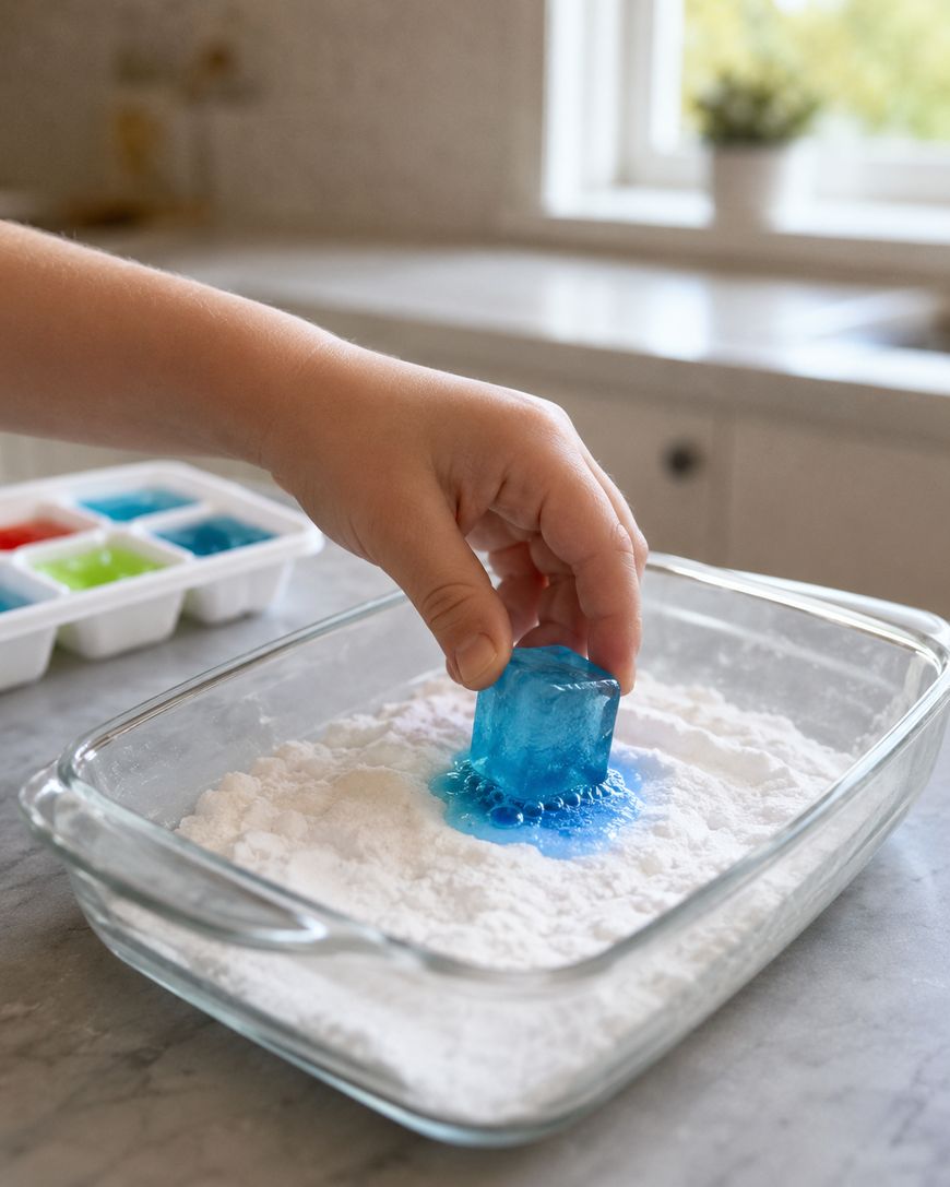 A hand presses a blue ice cube into a glass dish filled with white powder, with an ice cube tray containing colored cubes in the background on a kitchen counter.