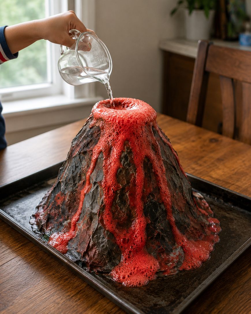 A person pours liquid into a homemade volcano model on a tray, causing red foam to erupt and flow down the sides.