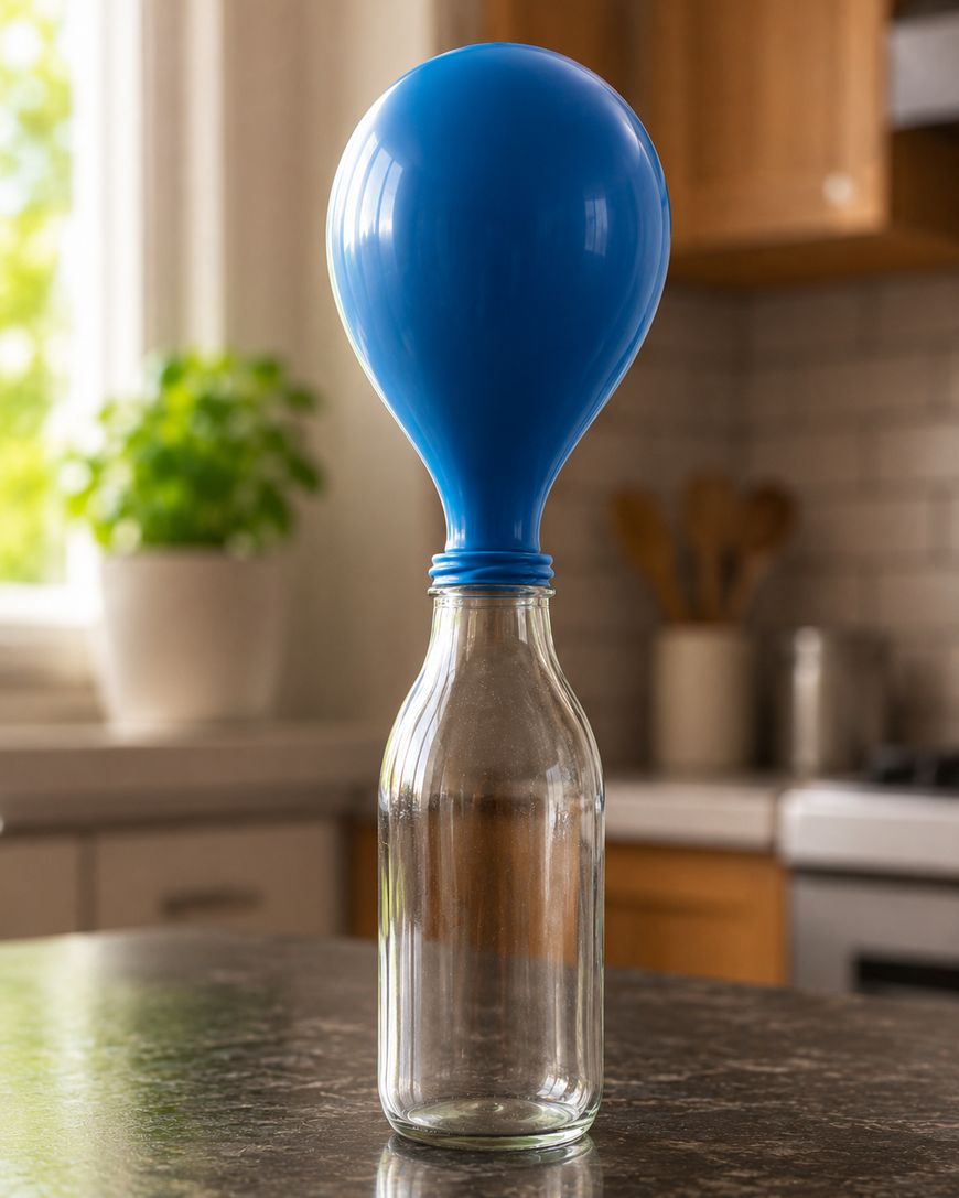 A blue balloon is inflated and attached to the neck of a clear glass bottle, sitting on a kitchen counter with a blurred background.