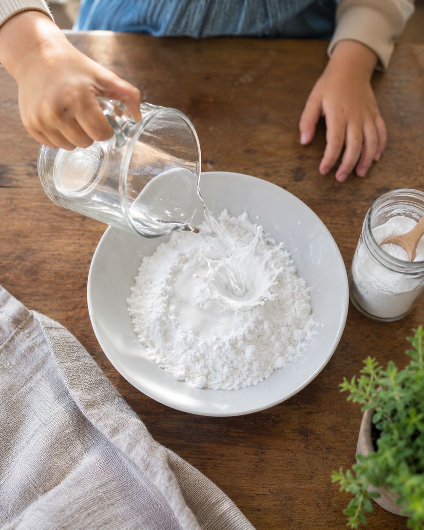 A child pours water from a glass pitcher into a white bowl filled with white powder on a wooden table. A jar with a wooden spoon, cloth, and green plant are nearby.