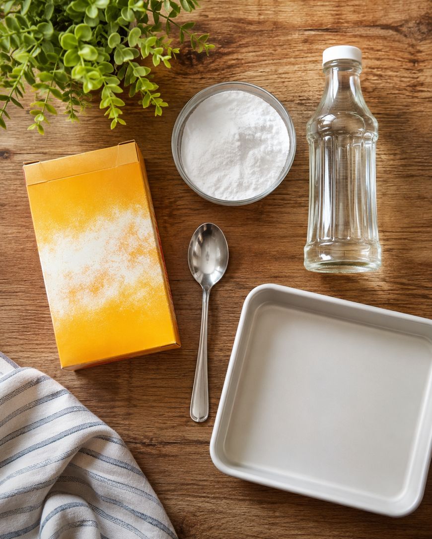 A box of baking soda, a bowl of baking soda, a bottle of vinegar, a spoon, a white baking dish, a striped cloth, and a green plant on a wooden table.