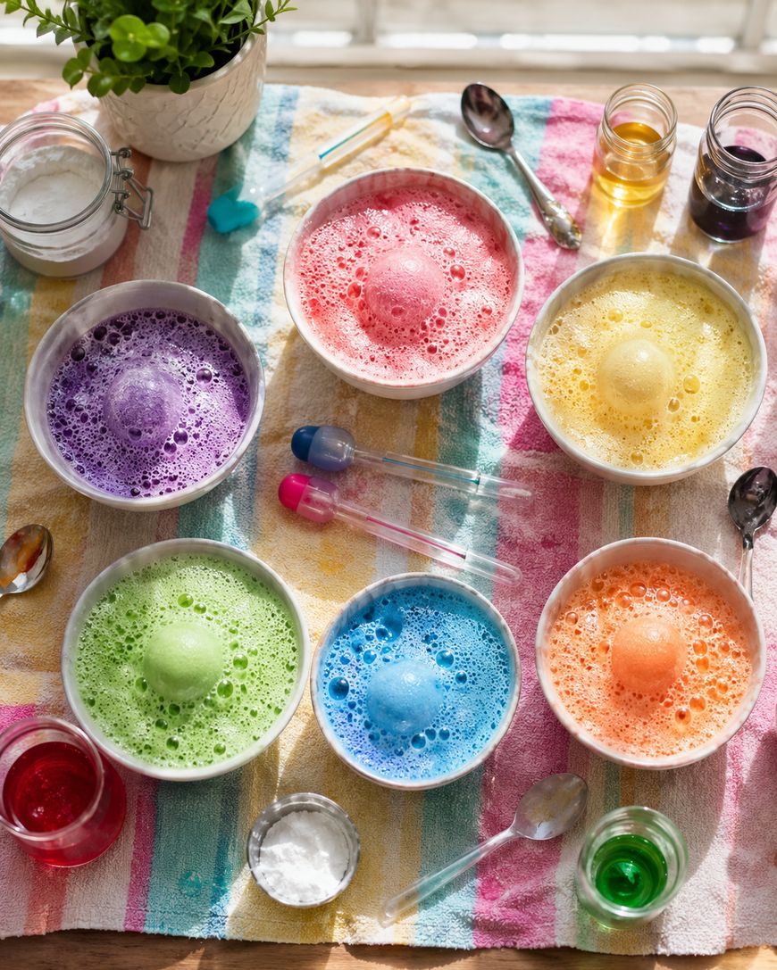 Six bowls with colorful fizzy foam and round bath bomb-like balls sit on a striped towel, surrounded by small bottles of liquid, droppers, spoons, and a potted plant in the corner.