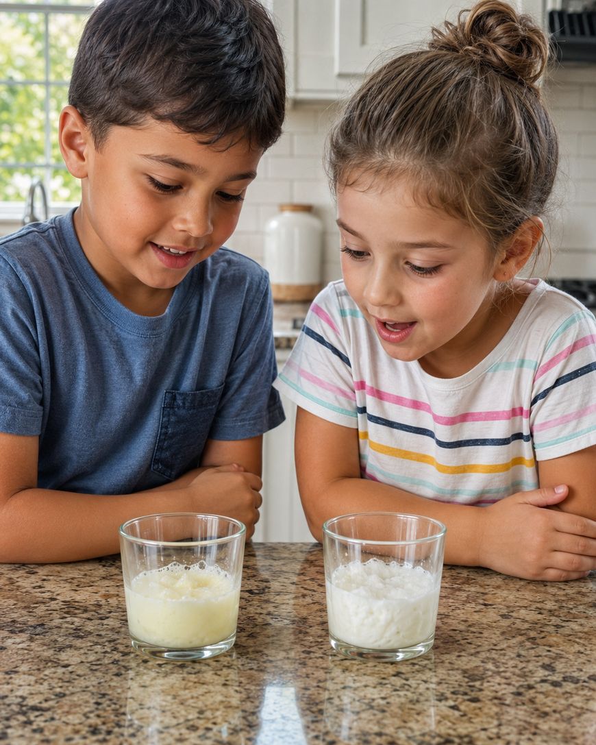 Two children observe two glasses on a kitchen counter—one glass has a yellowish liquid, the other a white, chunky substance. Both kids appear curious and delighted.