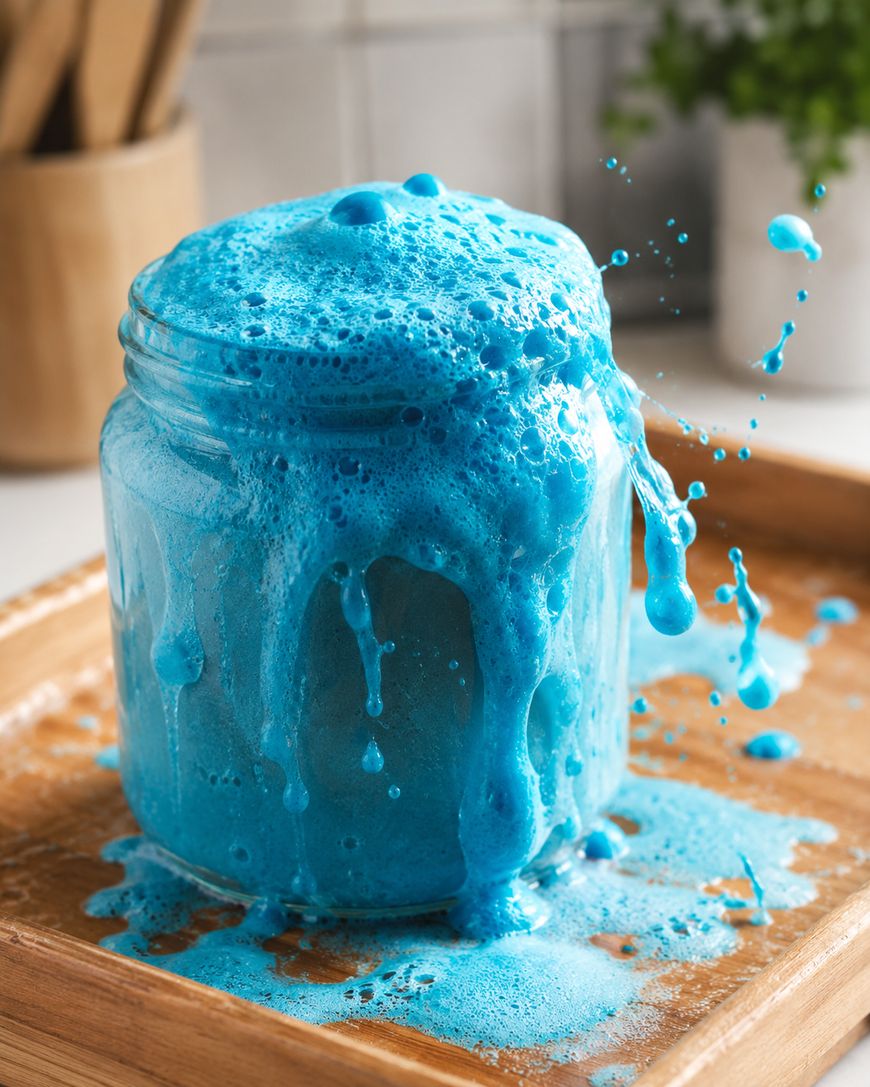 A glass jar overflowing with bright blue, foamy liquid sits on a wooden tray, spilling and splashing bubbles onto the surface. The background shows a blurred kitchen setting with utensils and a plant.