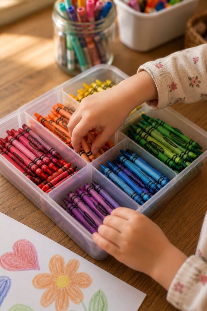A child’s hands select crayons from a divided plastic box with sorted colors. A drawing with a heart and flowers is on the table. Jars of markers are in the background.
