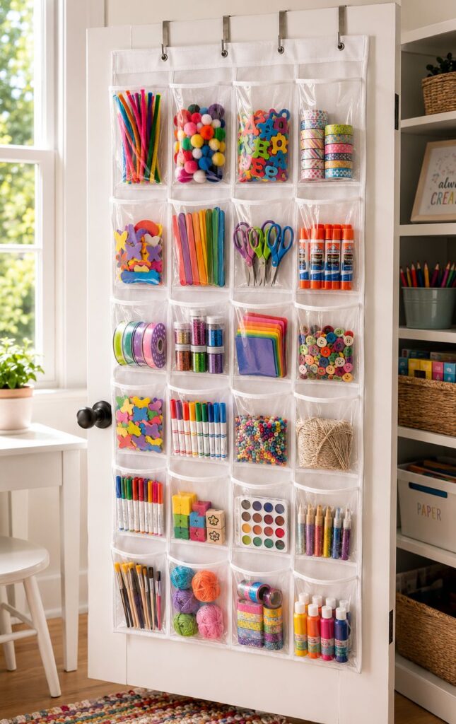 Over-the-door organizer with clear pockets filled with colorful craft supplies such as markers, scissors, glue, pom-poms, popsicle sticks, ribbon, paints, yarn, beads, and foam shapes. A bright, organized craft area.