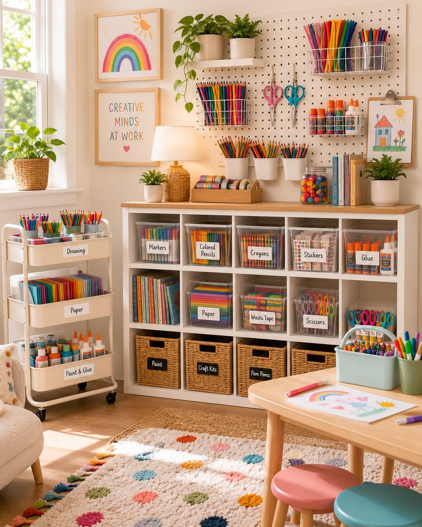 A colorful, organized art and craft room with labeled bins of supplies, wall shelves with markers and scissors, a cart with art tools, and a decorated table and rug. Sunlight streams in from a window.