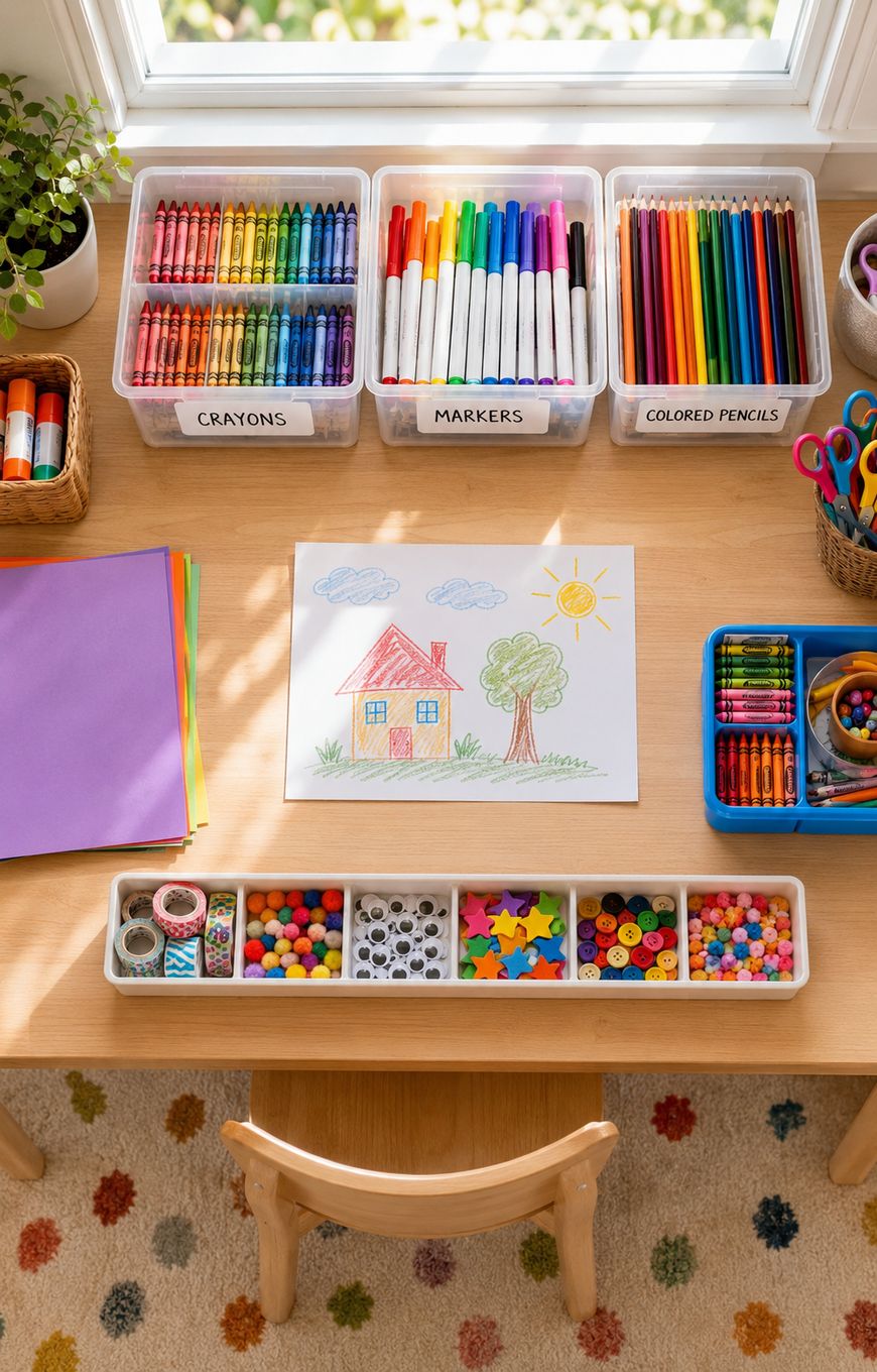 A tidy art desk with crayons, markers, colored pencils, craft supplies, colored paper, and a childs drawing of a house, trees, clouds, and a sun. The desk is under a bright window with a small plant.