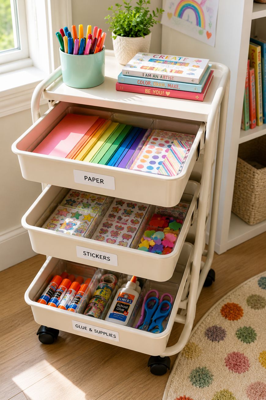 A white rolling cart with three labeled trays holds colorful paper, stickers, and glue supplies. The top has markers and books. Art and craft materials are neatly organized in a bright, sunlit room.