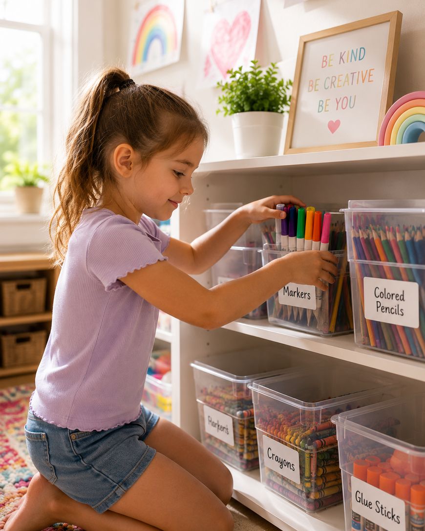 A young girl kneels by a shelf, organizing markers into a labeled bin. Other bins hold colored pencils, crayons, and glue sticks. Colorful artwork and a motivational sign decorate the background.