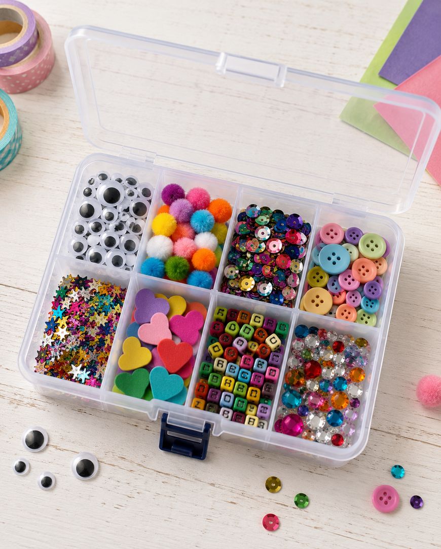 A plastic organizer box with compartments holding googly eyes, pom-poms, sequins, buttons, foam hearts, letter beads, and star confetti, placed on a white wooden table with craft supplies around it.