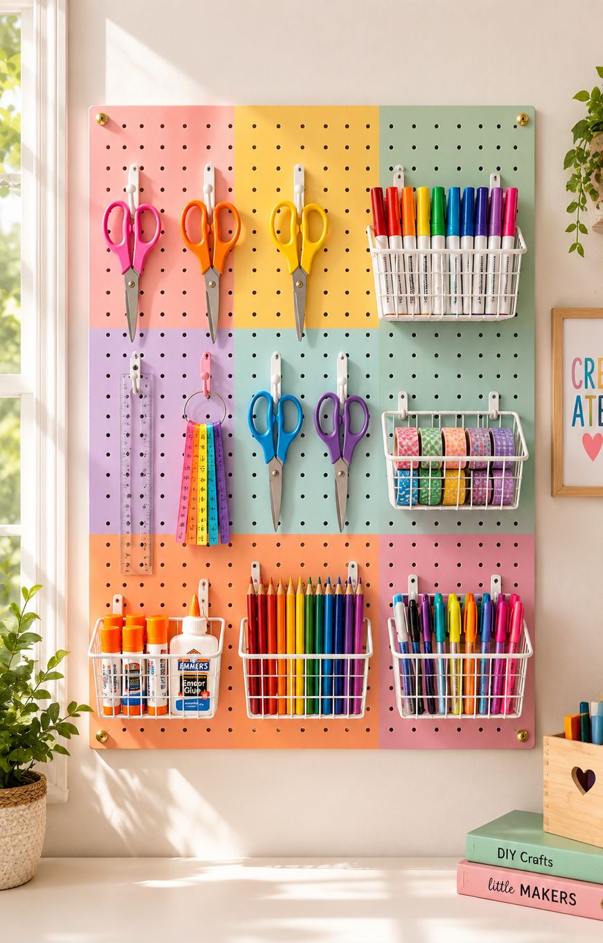 A colorful pegboard with scissors, rulers, markers, colored pencils, and glue organized in baskets and hooks above a white desk. Plants sit on the desk’s corners. Sunlight shines through a nearby window.