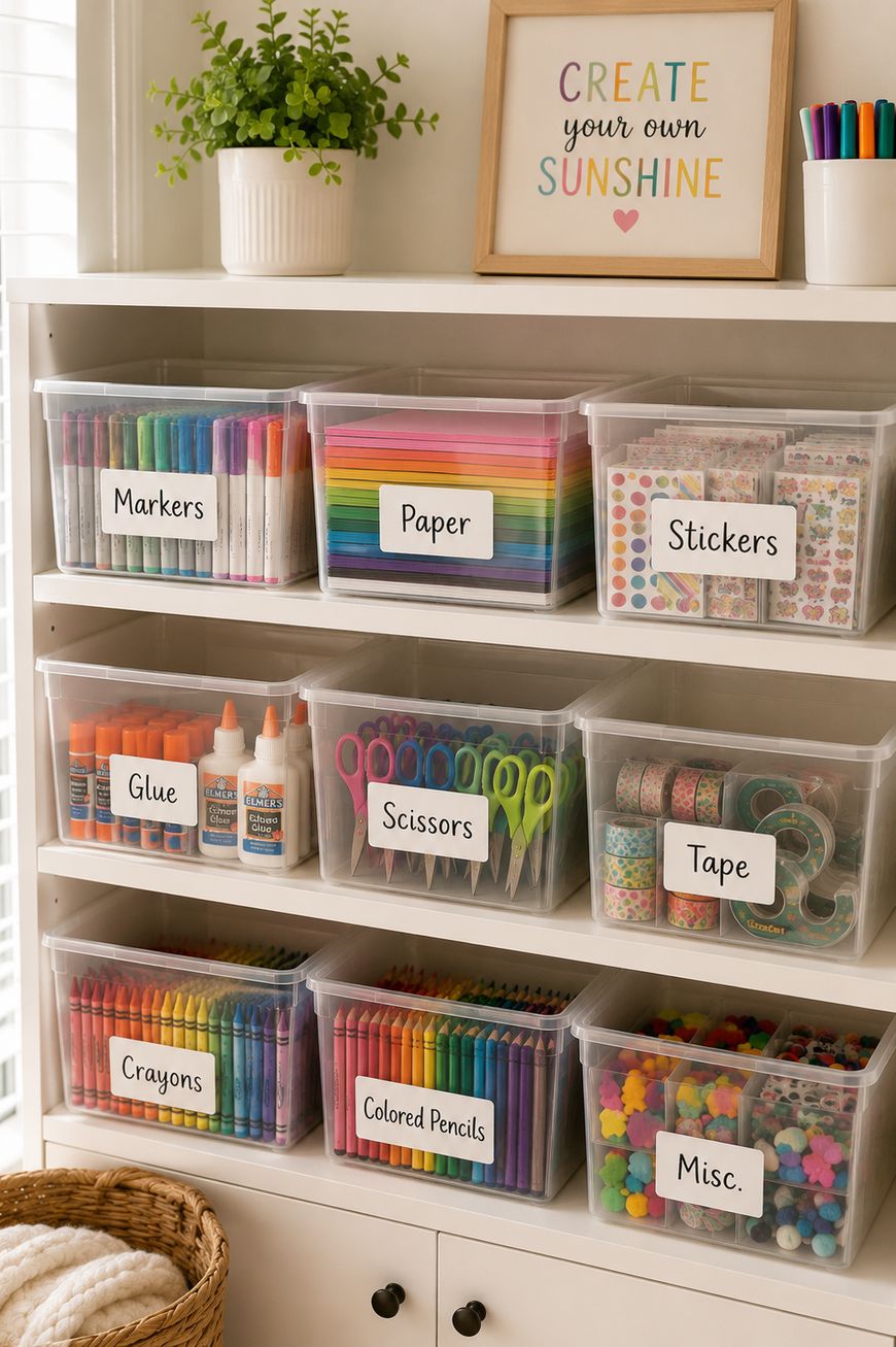 White shelves hold labeled clear bins with art supplies: markers, paper, stickers, glue, scissors, tape, crayons, colored pencils, and miscellaneous items. A plant and framed “Create your own sunshine” sign are on top.
