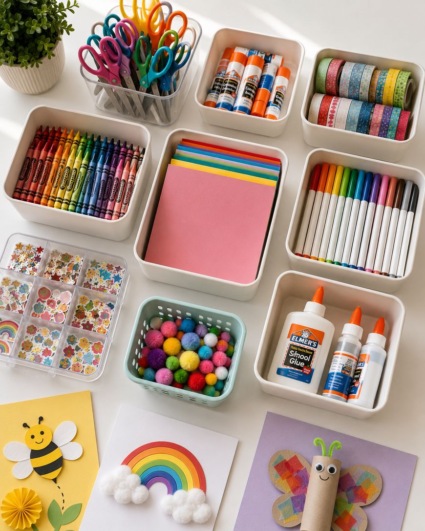 Art supplies neatly organized in containers, including crayons, scissors, glue, markers, colored paper, pom-poms, and washi tapes. Finished crafts—a bee, rainbow, and butterfly—are displayed on the table.