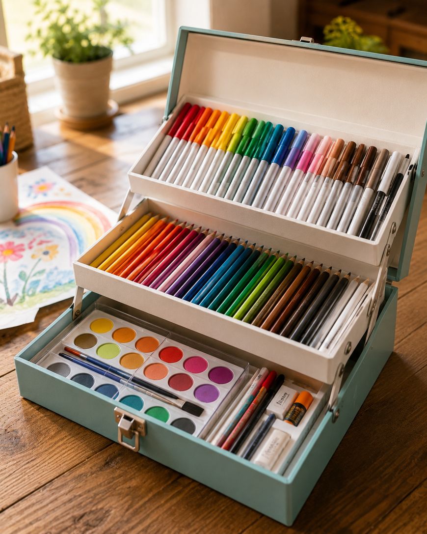 An open art supply box with markers, colored pencils, paints, and brushes sits on a wooden table. Nearby is a colorful drawing of a rainbow and a potted plant by a sunlit window.