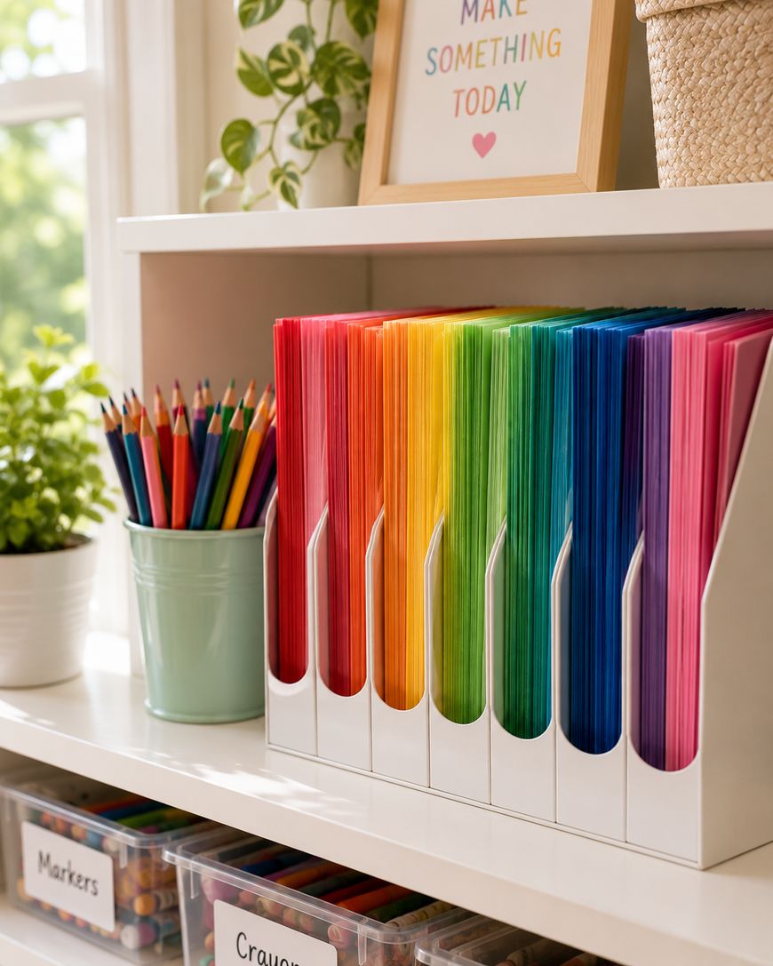 A shelf with rainbow-colored folders, a cup of colored pencils, green potted plants, and a framed sign that reads Make Something Today. Clear bins labeled “Markers” and “Crayons” are on the lower shelf.
