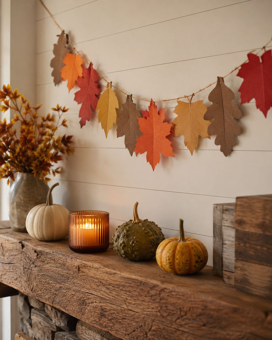 A rustic mantel decorated with a garland of paper autumn leaves, small pumpkins and gourds, a vase with fall foliage, a wooden box, and a lit glass candle, creating a cozy autumn atmosphere.