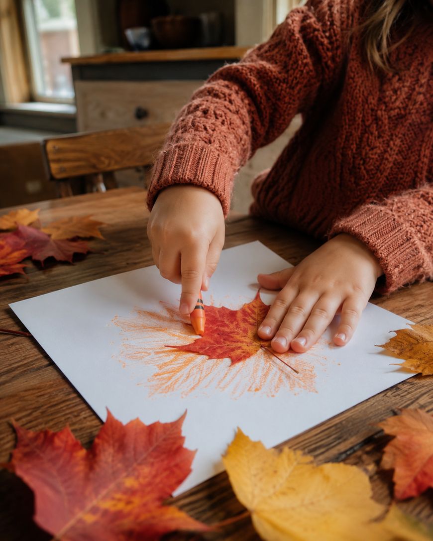 A child in an orange sweater uses a crayon to trace around a red autumn leaf on white paper, with more colorful leaves scattered on the wooden table.