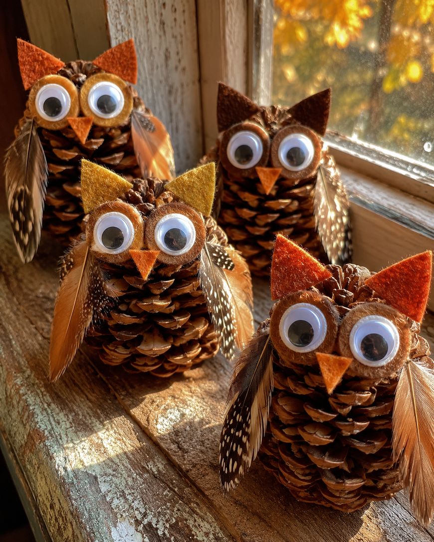 Four handmade owl crafts made from pinecones, brown and orange felt, large googly eyes, and real feathers sit on a rustic windowsill with sunlight streaming in, creating a cozy autumn atmosphere.