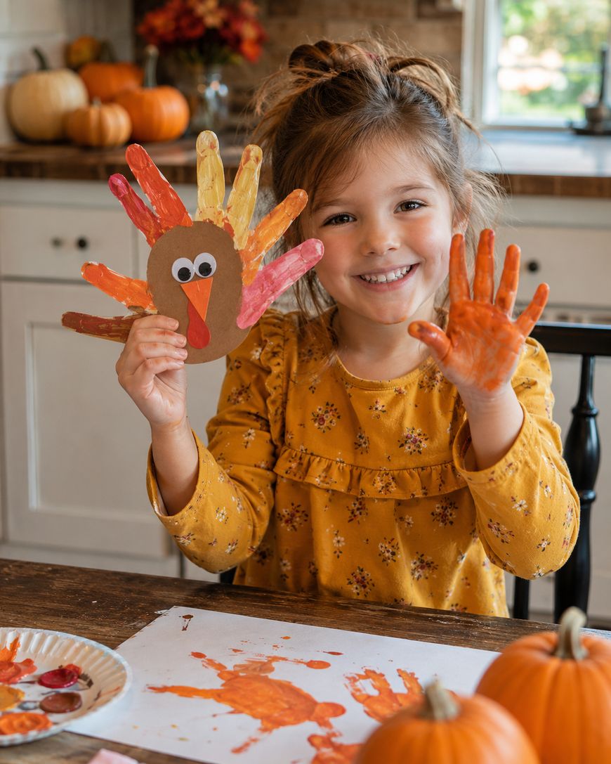 Smiling young girl in a yellow shirt holds a paper turkey craft made from a handprint and waves her paint-covered hand in a kitchen decorated with pumpkins. Paint and craft supplies are on the table.