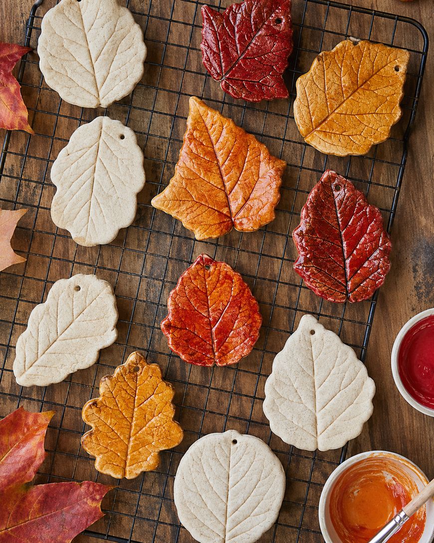 Leaf-shaped cookies, some plain and some decorated in fall colors like red, orange, and brown, are arranged on a cooling rack. Bowls of colored icing and autumn leaves are nearby on the wooden surface.