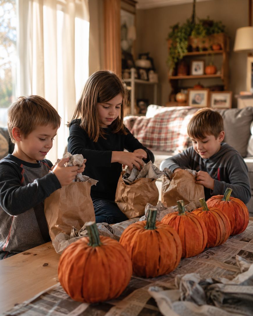 Three children sit at a table with six pumpkins, unpacking items from brown paper bags. The table is covered with newspaper, and the room is warmly lit with autumn decorations in the background.