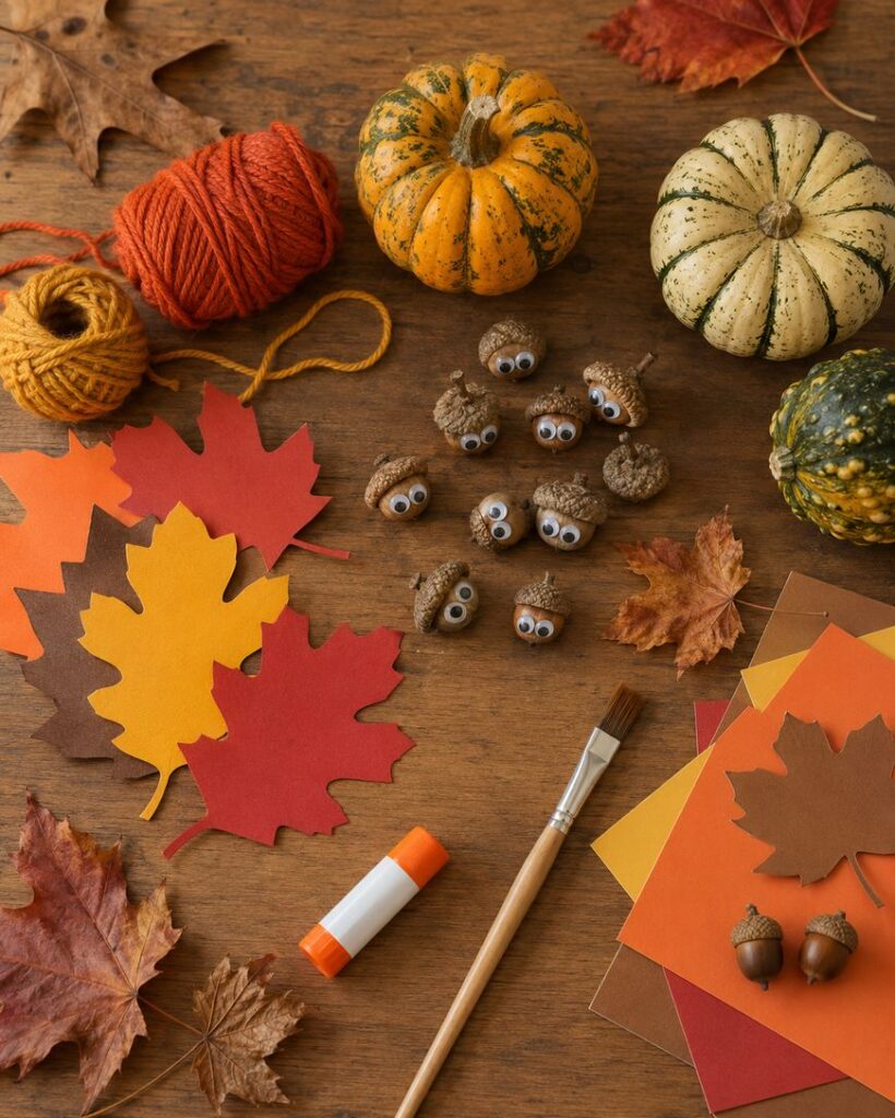 Autumn-themed craft supplies on a wooden table: pumpkins, yarn, paper leaves, googly-eyed acorns, a glue stick, paintbrush, real leaves, and colored paper in red, orange, yellow, and brown.