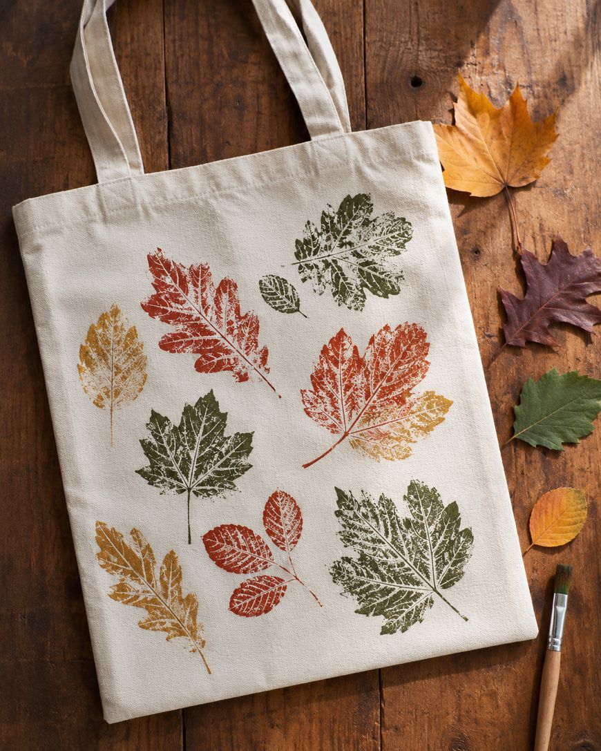 A beige tote bag lies on a wooden surface, decorated with stamped impressions of colorful autumn leaves in shades of green, red, and yellow. Real leaves, a paintbrush, and a yellow leaf are nearby.