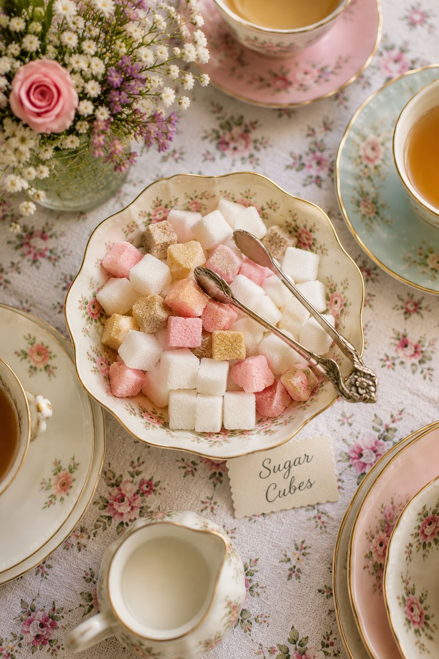 A bowl of colorful sugar cubes with tongs sits on a floral tablecloth