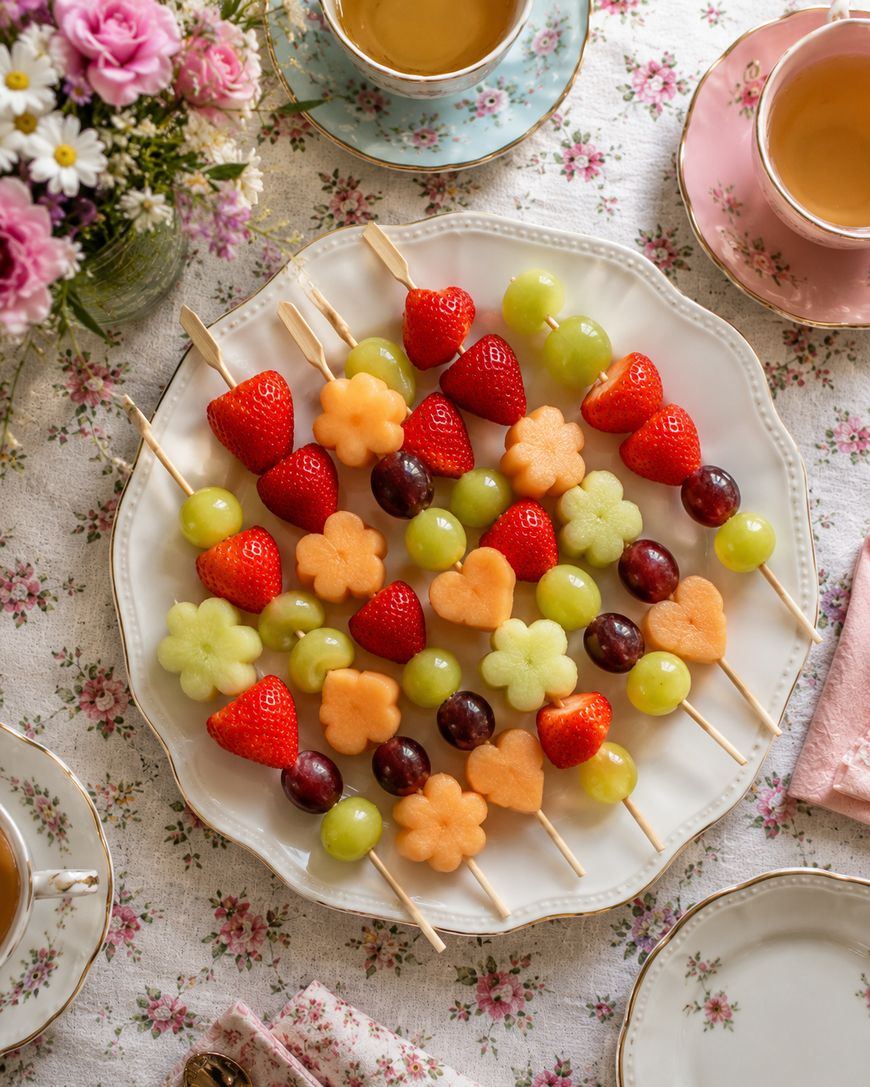 A plate of fruit skewers with strawberries, grapes, and flower-shaped melon pieces