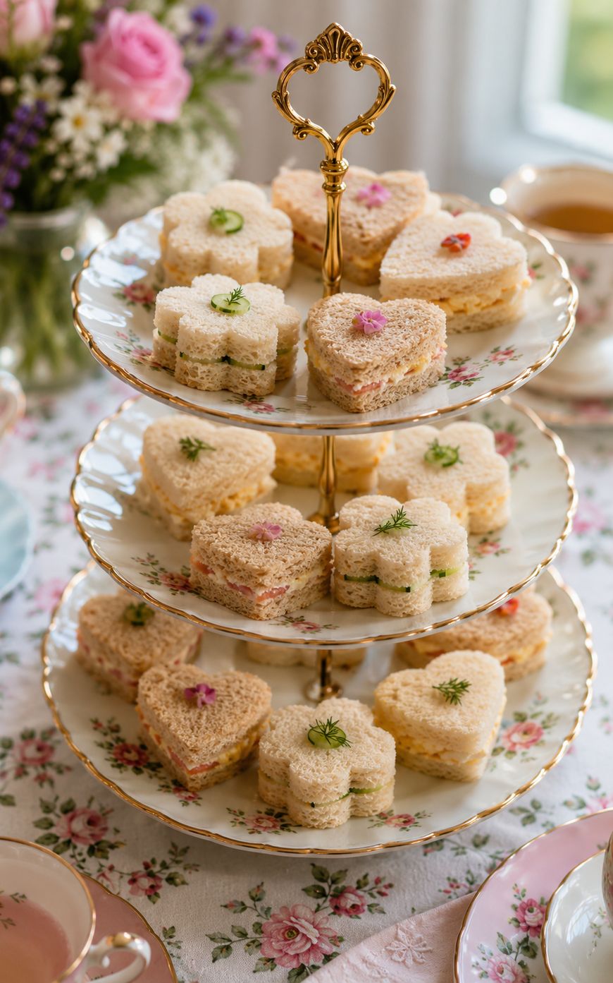 A three-tiered floral stand holds heart and flower-shaped tea sandwiches
