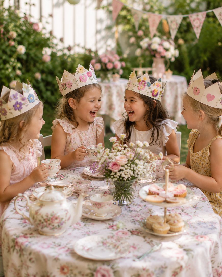 Four young girls wearing paper crowns sit around a floral table outdoors, laughing