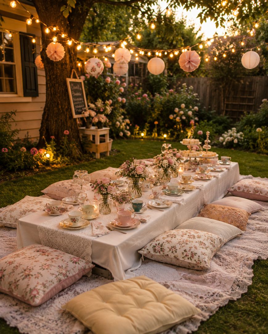 Low tables with lace tablecloths and flower arrangements set for tea outdoors