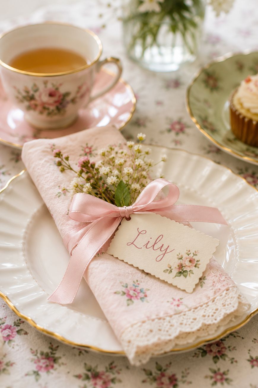 Elegant table setting with a floral teacup, cupcake, and a plate holding a pink napkin