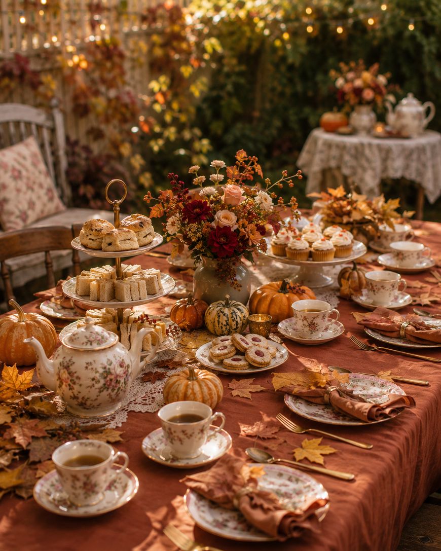 An autumn-themed outdoor tea party table set with floral china, assorted pastries, and a teapot
