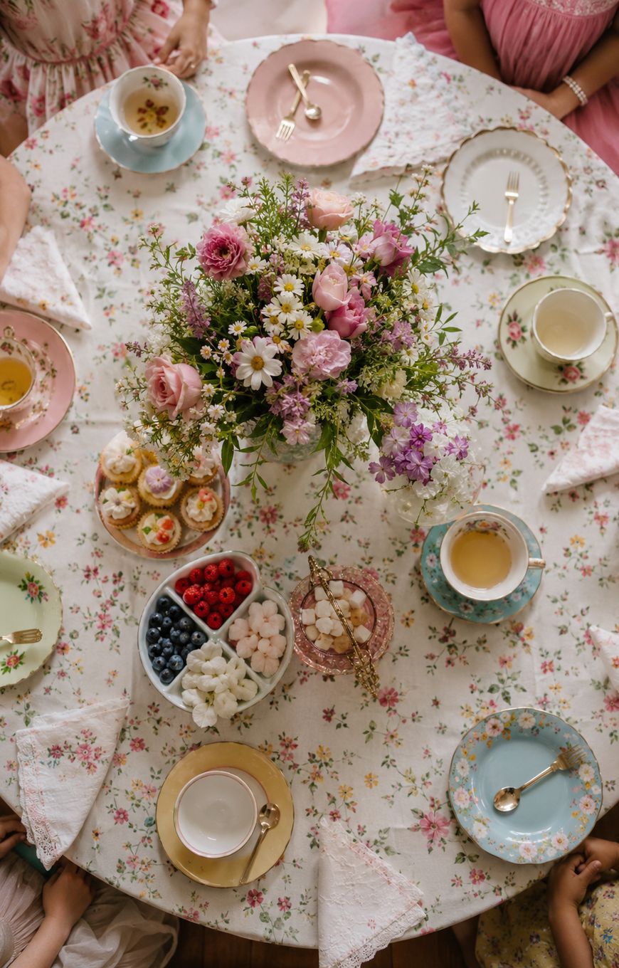 A floral tablecloth with teacups, saucers, pastel plates, napkins, and a bouquet of flowers