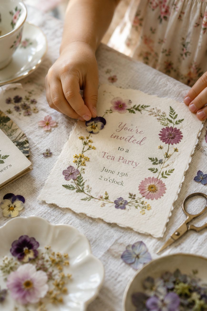 A child decorates a floral tea party invitation with pressed flowers
