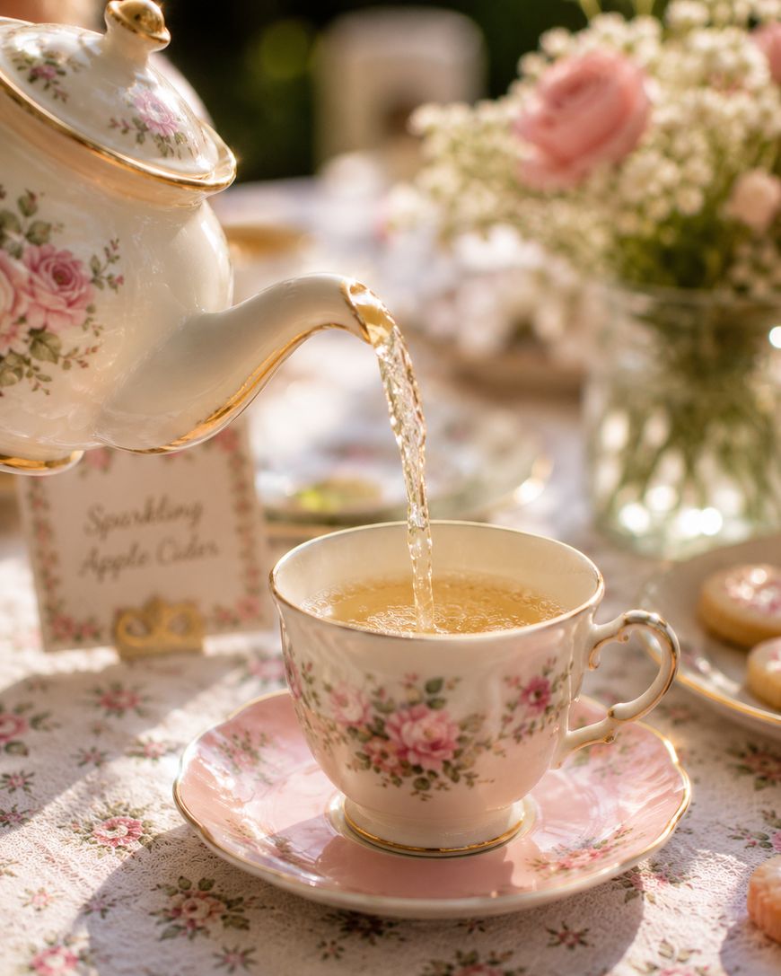 A floral teapot pours tea into a matching teacup on a table with a lace tablecloth and flowers
