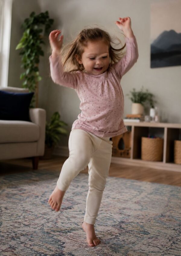 A young girl with a pink shirt and white leggings dances joyfully on a patterned rug in a cozy living room with soft natural light.