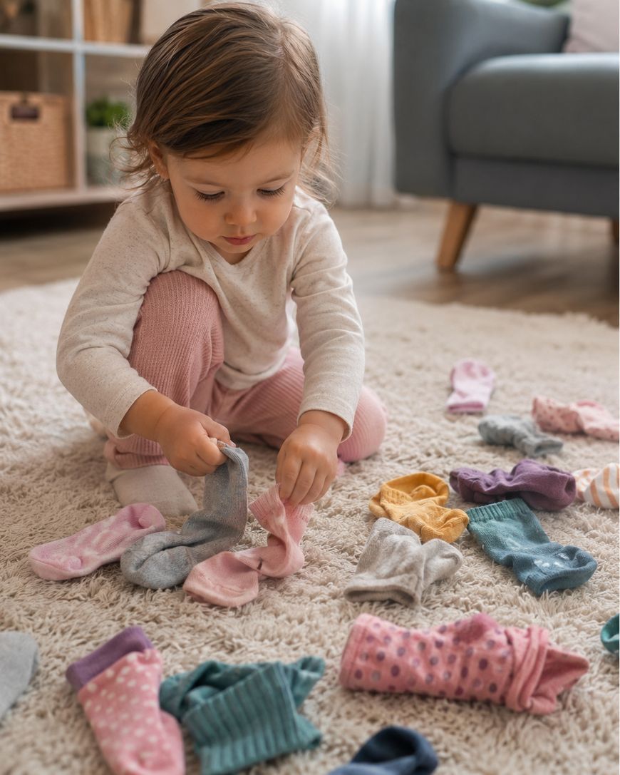 A young child sits on a soft beige rug, sorting colorful socks. The child wears a light long-sleeve shirt and pink pants, focused on matching pairs among scattered socks in a cozy, sunlit living room.
