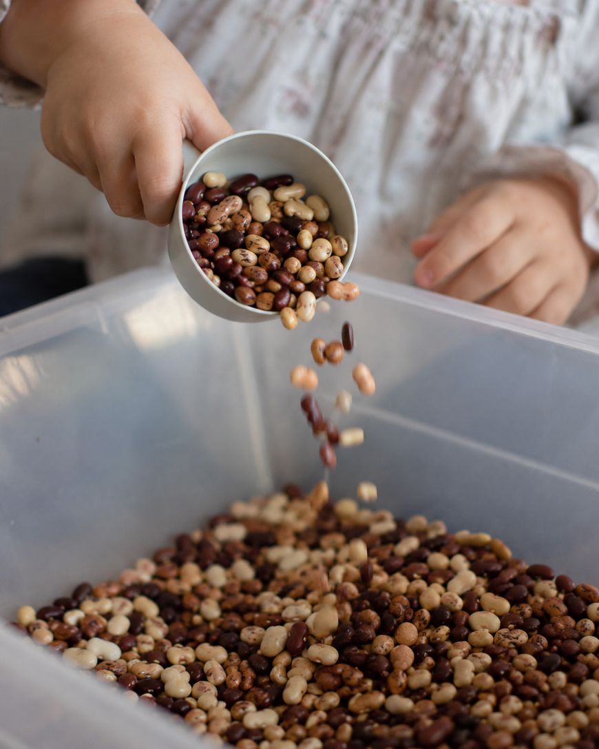 A child pours a scoop of assorted dry beans into a clear plastic container filled with more beans.