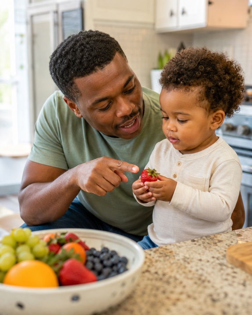 A man and a toddler sit at a kitchen counter. The man is smiling and pointing at a strawberry the child is holding. A bowl of assorted fruit is on the counter in front of them.