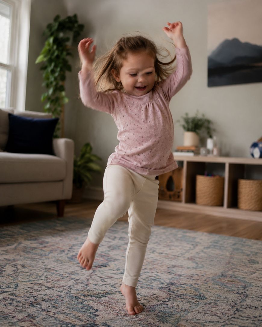 A young girl with light brown hair dances joyfully in a living room, wearing a pink long-sleeve shirt and white leggings. Sunlight streams through a window, and the room has cozy decor and a patterned rug.