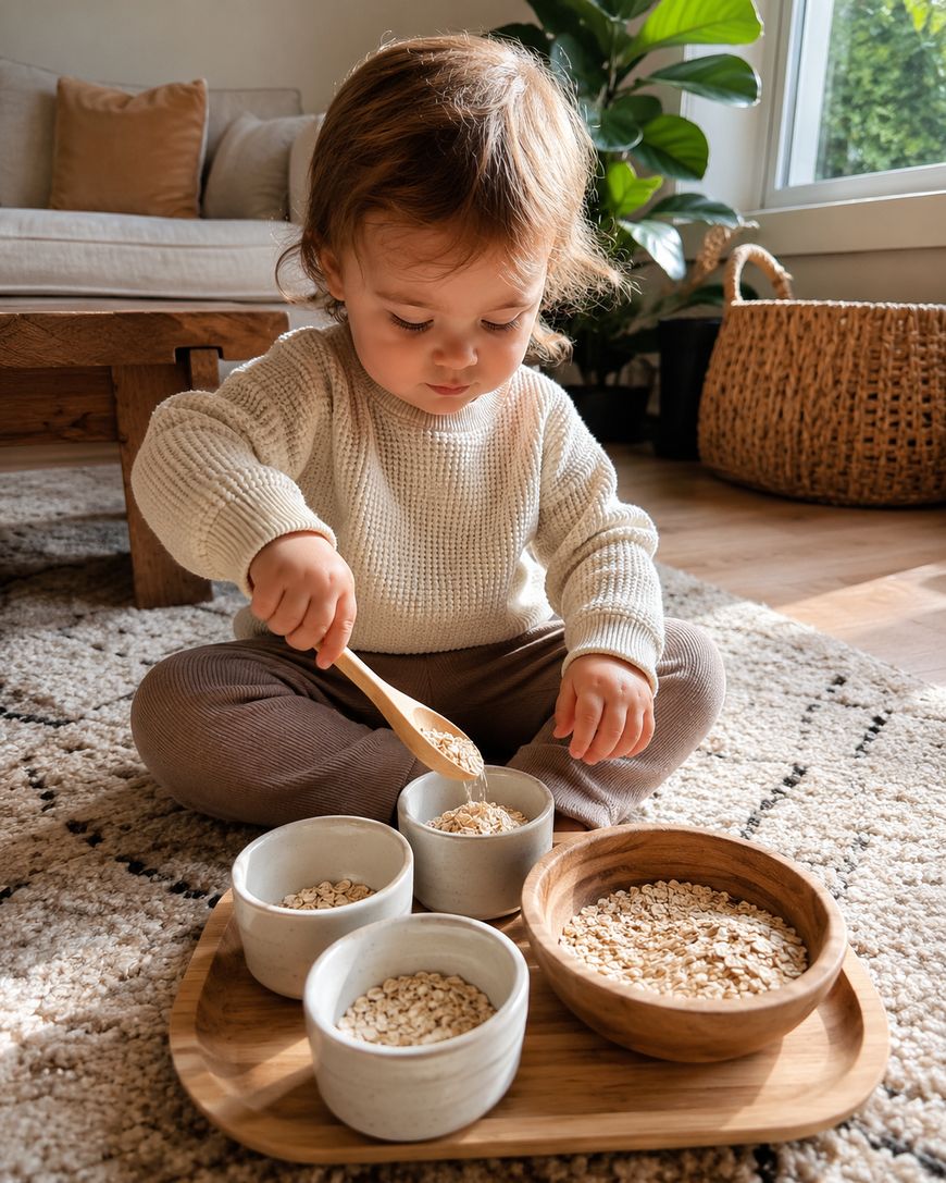 A young child sits on a rug, scooping oats from a wooden bowl into smaller bowls with a spoon, surrounded by natural light and cozy home decor.