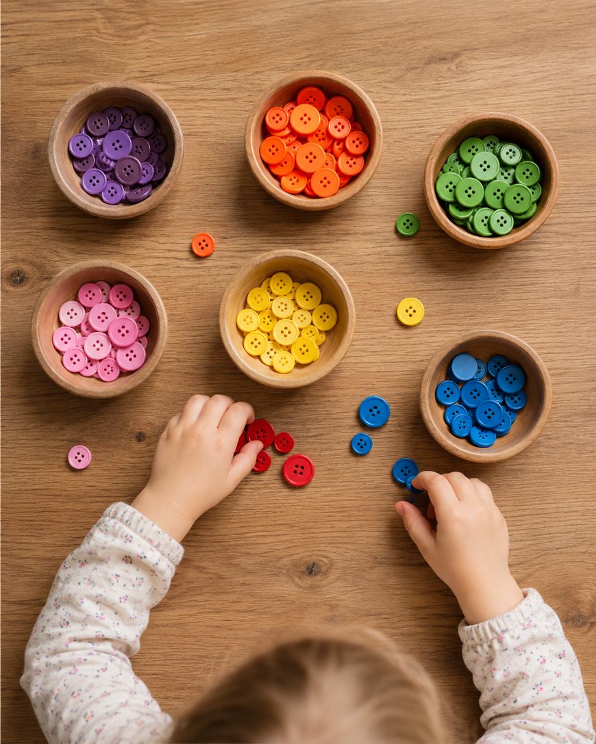A child sorts colorful buttons into small wooden bowls, organized by color: purple, red, orange, yellow, green, blue, and light blue, on a wooden table. The child’s hands are reaching for red and blue buttons.