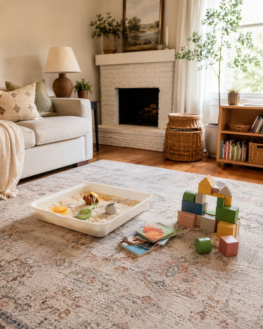 A cozy living room with a sofa, fireplace, and a rug. A sensory bin with sand, stacking blocks, and books are on the floor. There’s a plant, lamp, and bookshelf in the background.